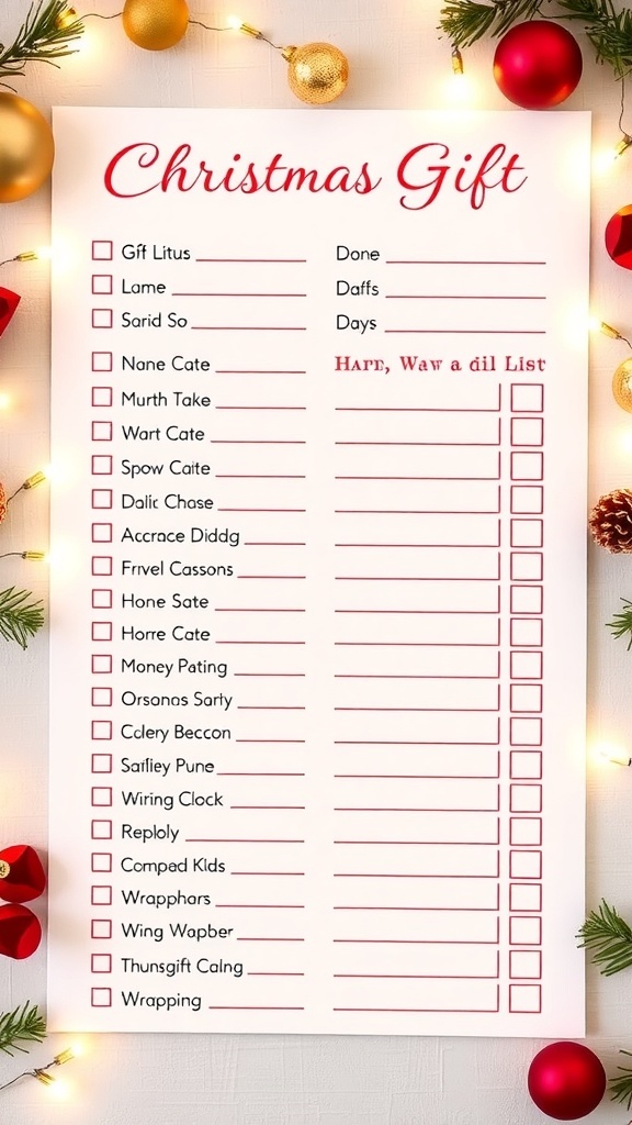 A colorful Christmas gift list template with names and gift ideas on a festive background.
